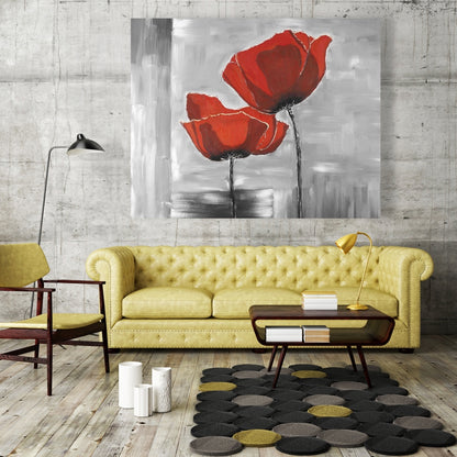 Gray Botanical Canvas | Two Red Flowers on Grayscale Background