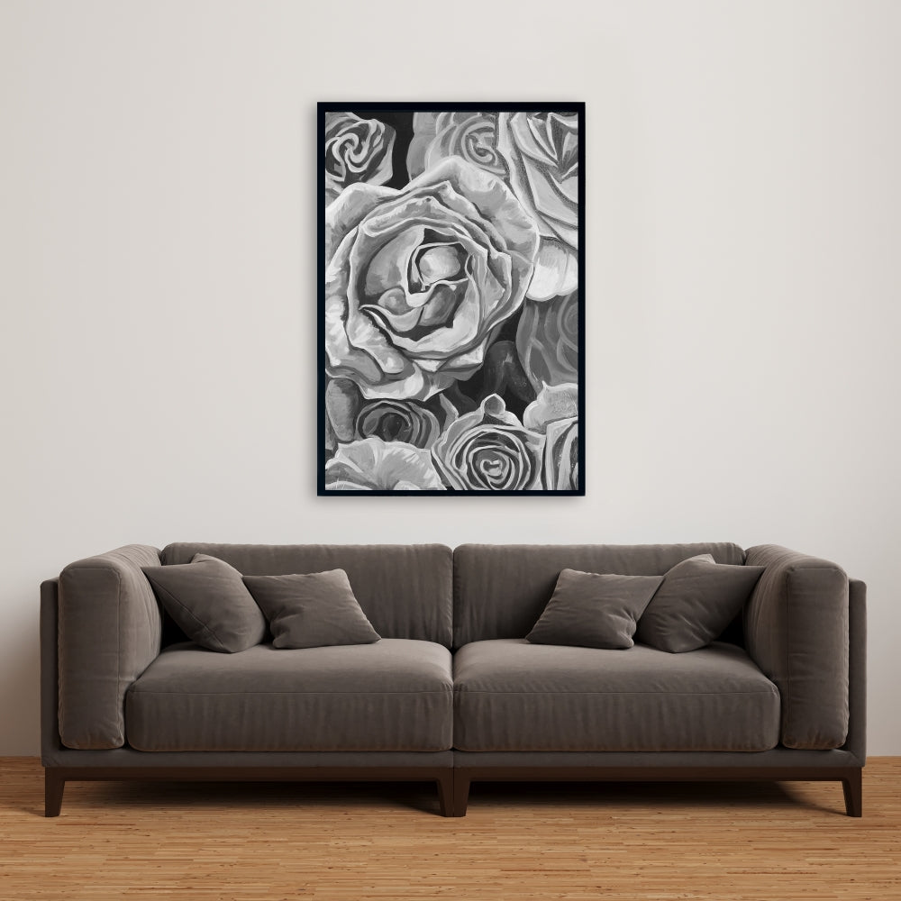 Toile « Roses en nuances de gris » – Décoration de chambre monochrome | Cadre blanc
