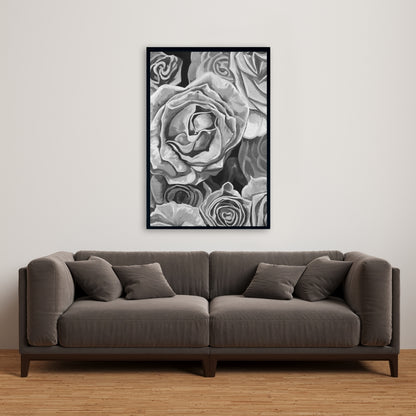 Toile « Roses en nuances de gris » – Décoration de chambre monochrome | Cadre blanc
