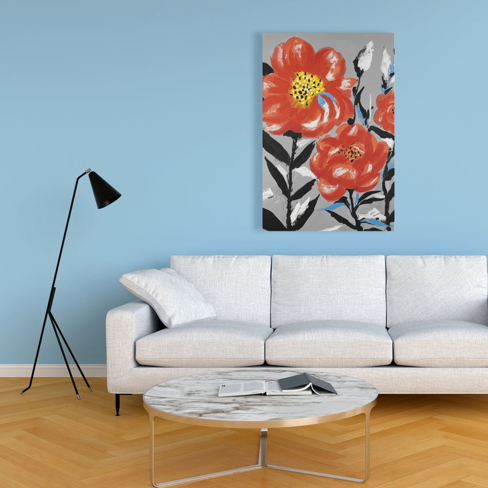 Botanical Gray Canvas - Pink Flowers with Blue Leaves Decor