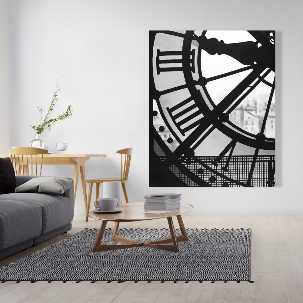 Clock at the Orsay Museum Canvas - White Monochrome Decor