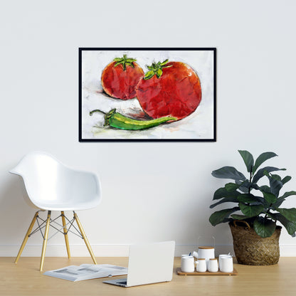 Toile de cuisine rouge « Tomates au jalapeño » – Décoration d'intérieur encadrée