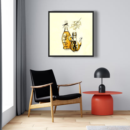 Yellow Object Framed Canvas | Two Bottles of Olive Oil Decor