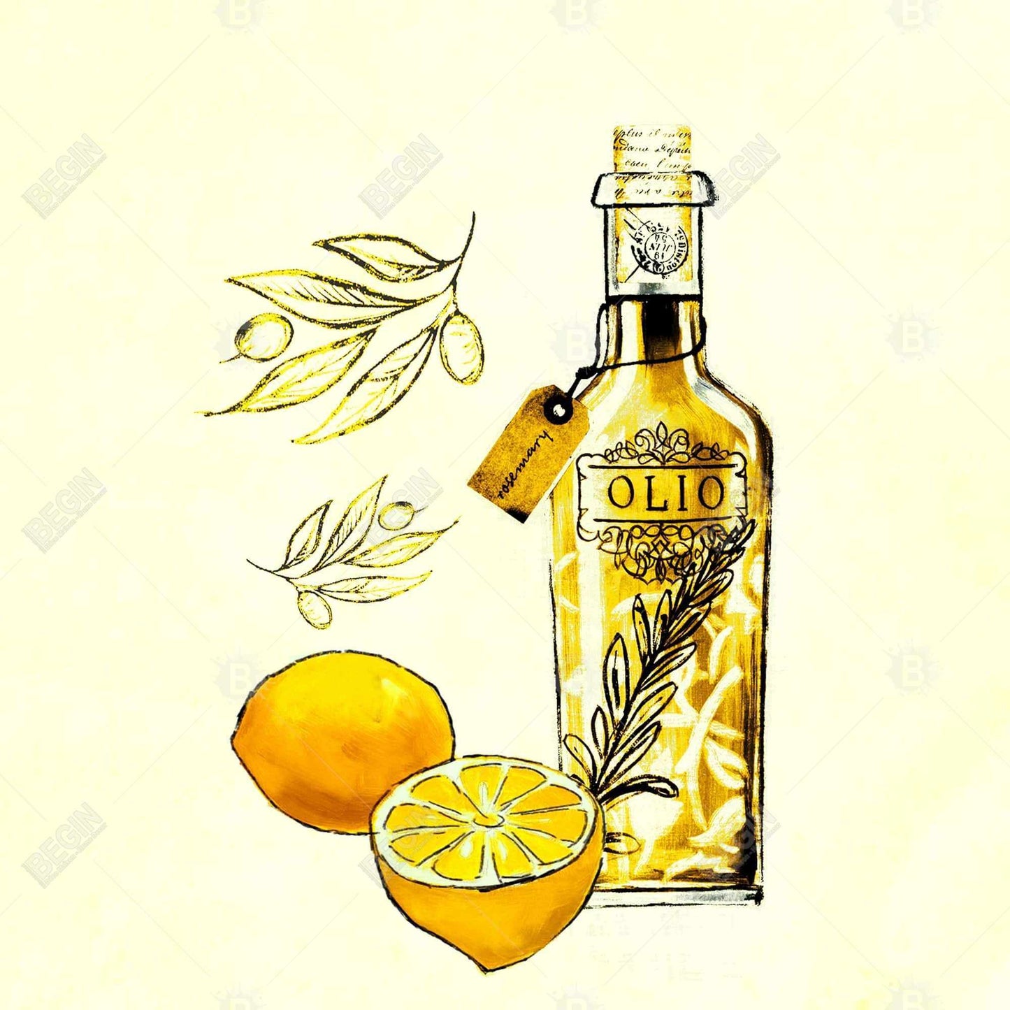Olive Oil & Lemons Canvas | Illustrative Home Decor Art