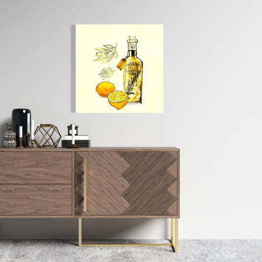 Olive Oil & Lemons Canvas | Illustrative Home Decor Art
