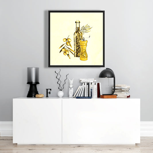 Yellow Kitchen Canvas | Olive Oil & Pepper | Home Decor Art