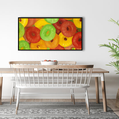 Toile de jujubes colorés - Décoration de cuisine jaune encadrée