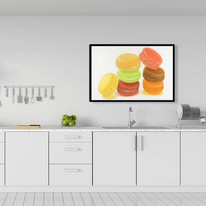 Toile « Délicieux macarons » | Décoration murale avec cadre jaune