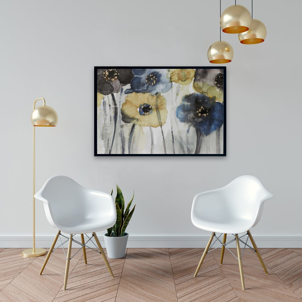Fleurs grises, bleues et jaunes | Toile encadrée botanique