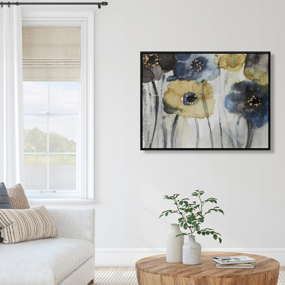 Fleurs grises, bleues et jaunes | Toile encadrée botanique
