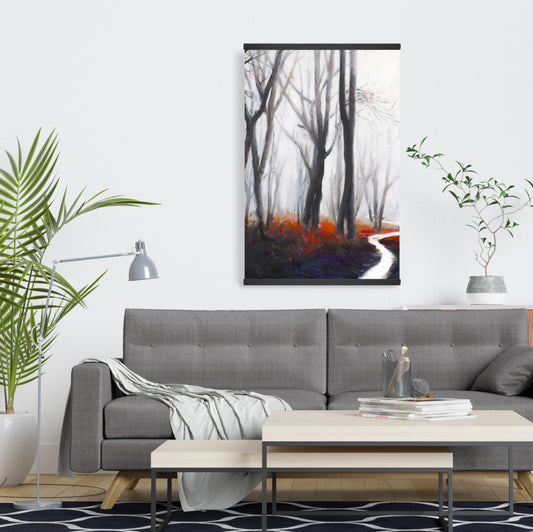 Gray Bedroom Canvas - Mysterious Forest with Stream Decor