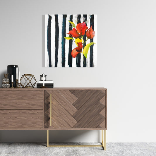 Botanical Bedroom Canvas - Flowers on Black and White Stripes