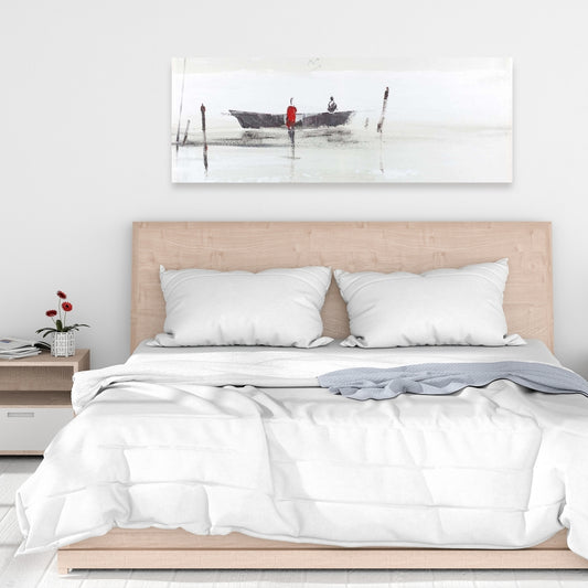 Toile minimaliste grise « Bateau sur un lac » | Décoration murale pour chambre