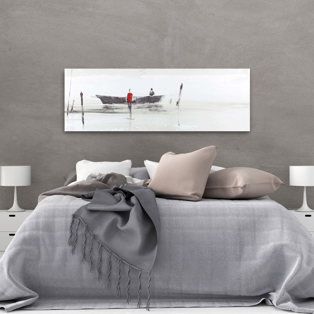 Toile minimaliste grise « Bateau sur un lac » | Décoration murale pour chambre