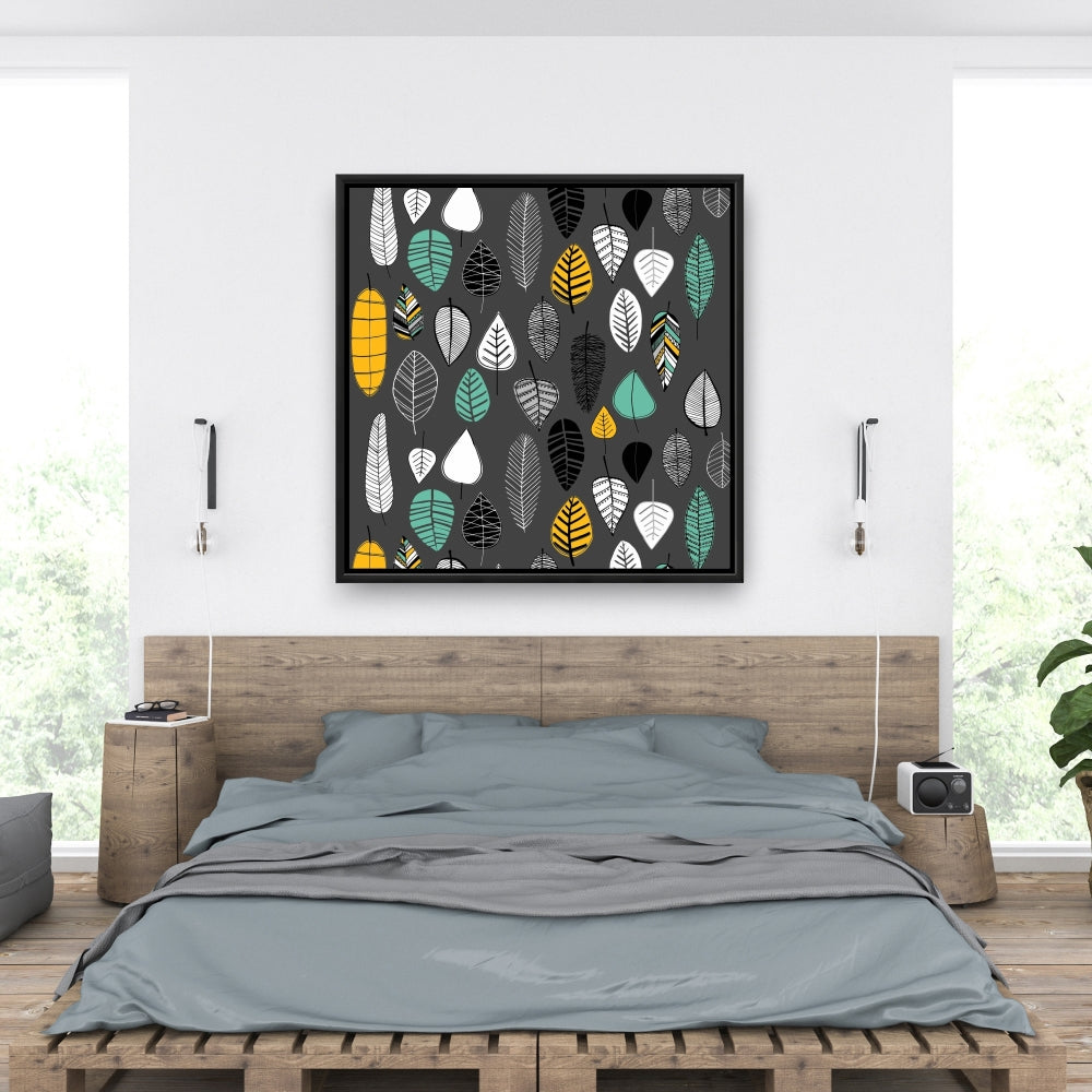 Toile encadrée grise à motifs de feuilles botaniques | Décoration murale