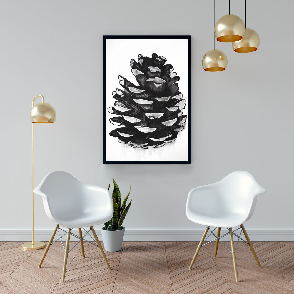 Toile botanique avec pomme de pin | Décoration murale encadrée grise