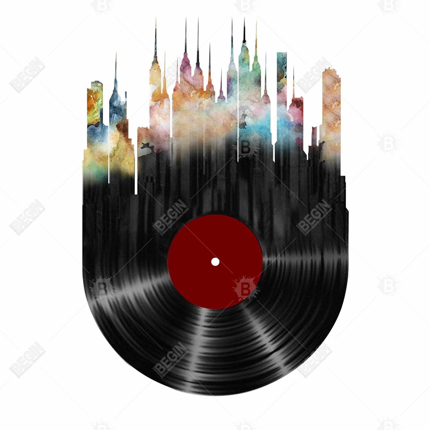 Toile encadrée bleue moderne - Décor de ville abstraite sur disque vinyle