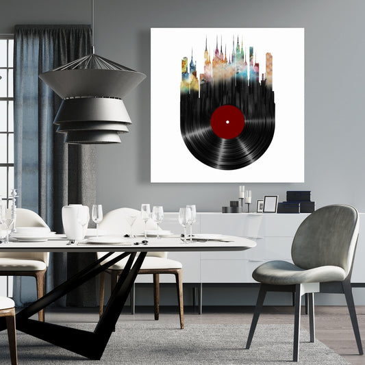 Building Cities Blue Canvas | Abstract City on Vinyl Disk Decor