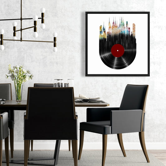 Modern Blue Framed Canvas - Abstract City on Vinyl Disk Decor