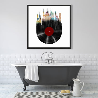 Toile encadrée bleue moderne - Décor de ville abstraite sur disque vinyle