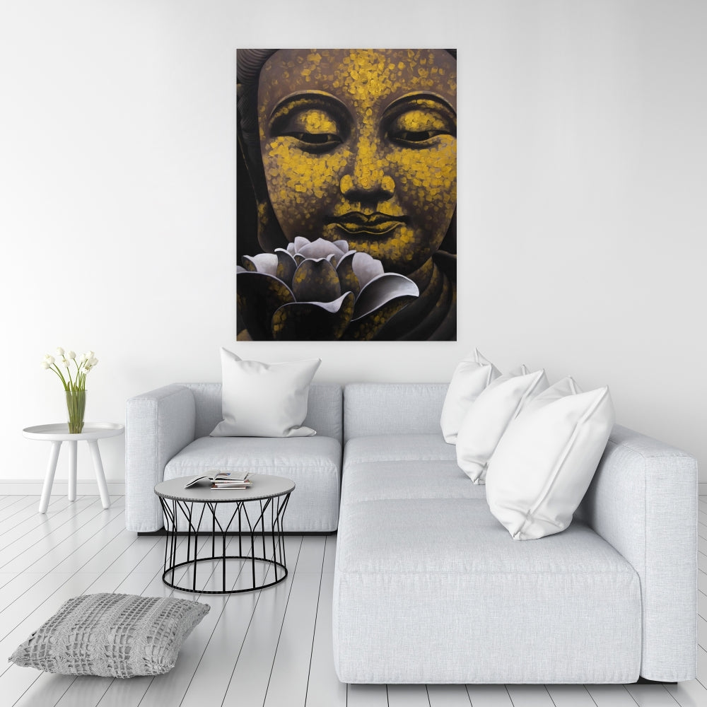 Toile spirituelle marron pour salon – Décor du sourire éternel de Bouddha