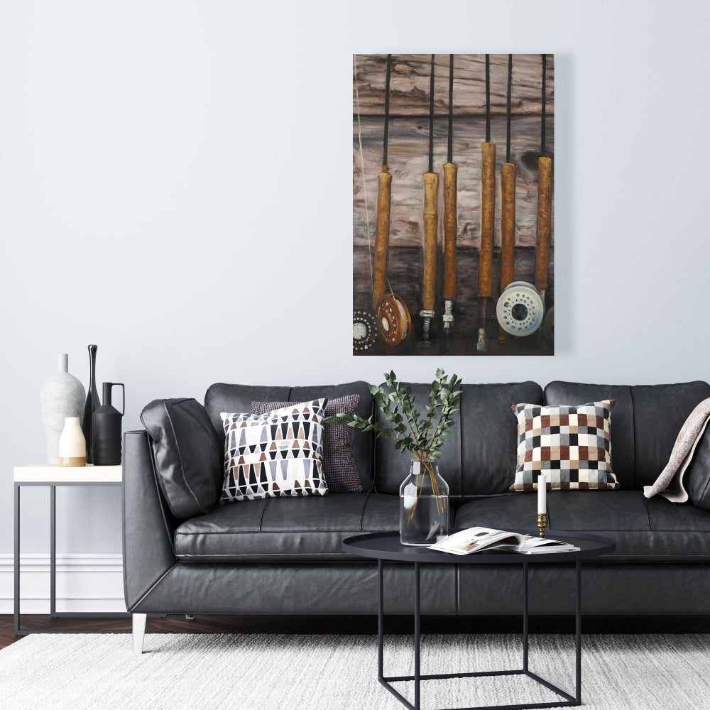 Fishing Rods on Wood Canvas - Brown Living Room Wall Art