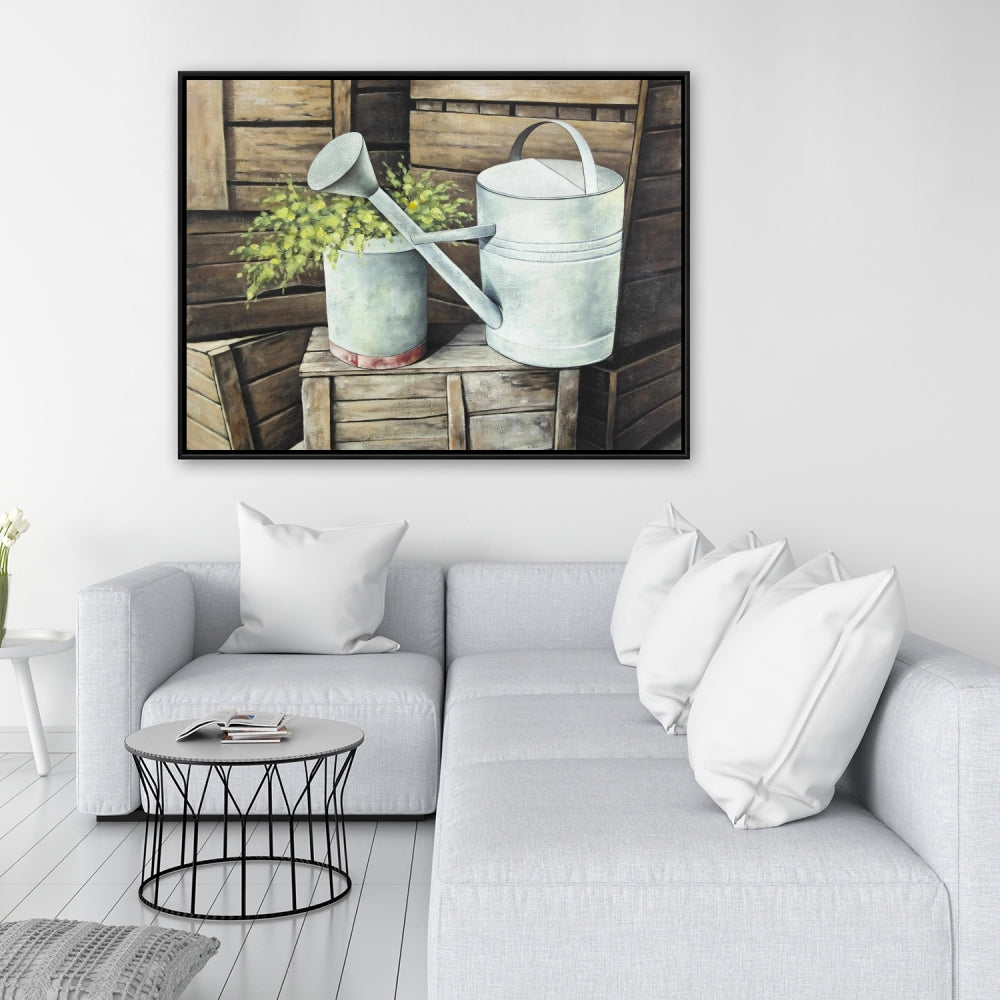 Arrosoir vintage | Toile décorative avec nature morte de fleurs marron