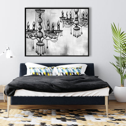 Deux lustres en cristal monochromes sur toile encadrée blanche