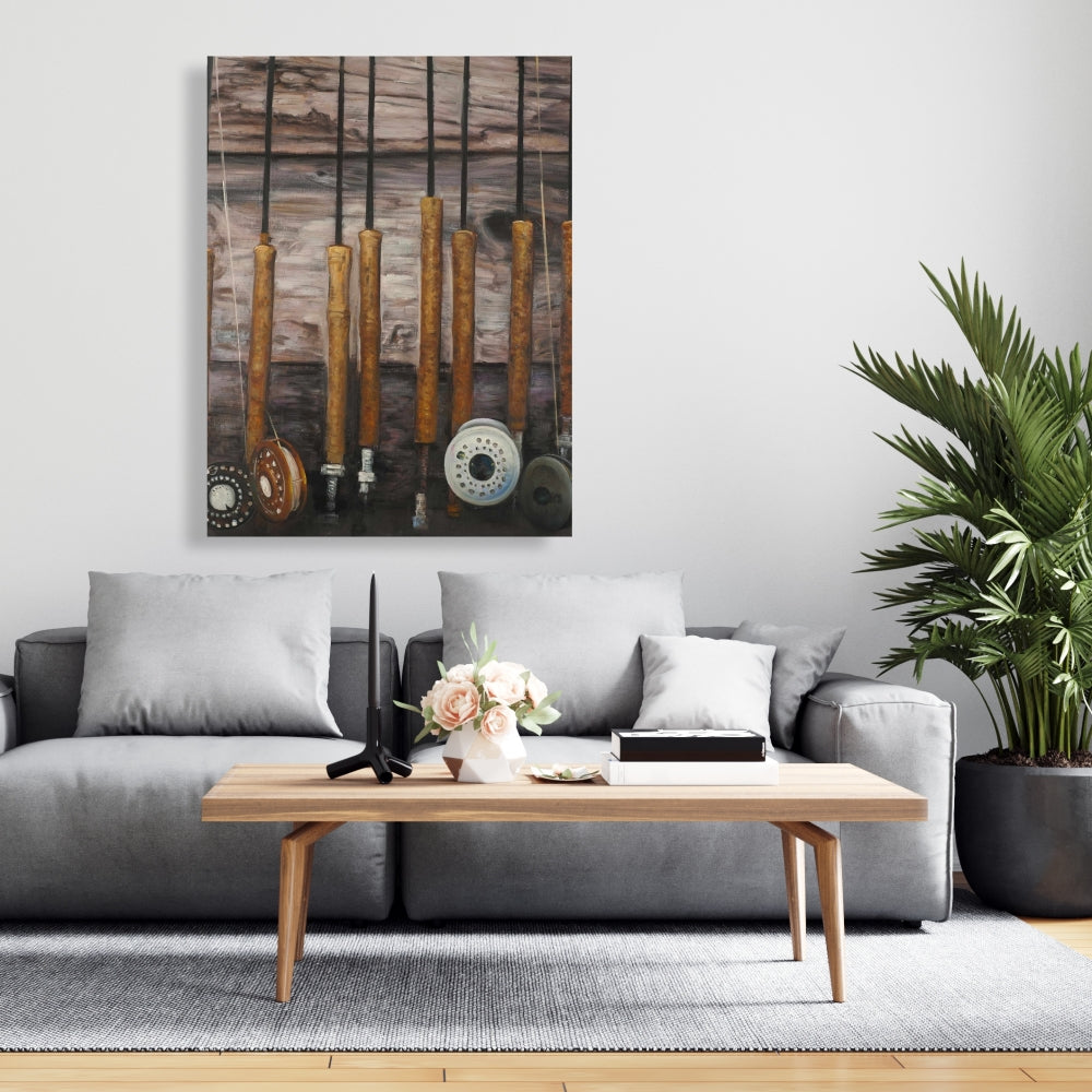 Fishing Rods on Wood Canvas - Brown Living Room Wall Art