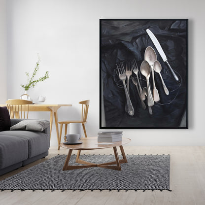 Nature morte vintage sur toile encadrée - Décoration de couverts vintage