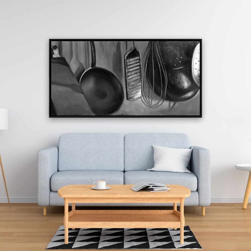 Framed Canvas Kitchen Tools for Chef | Gray Object Decor