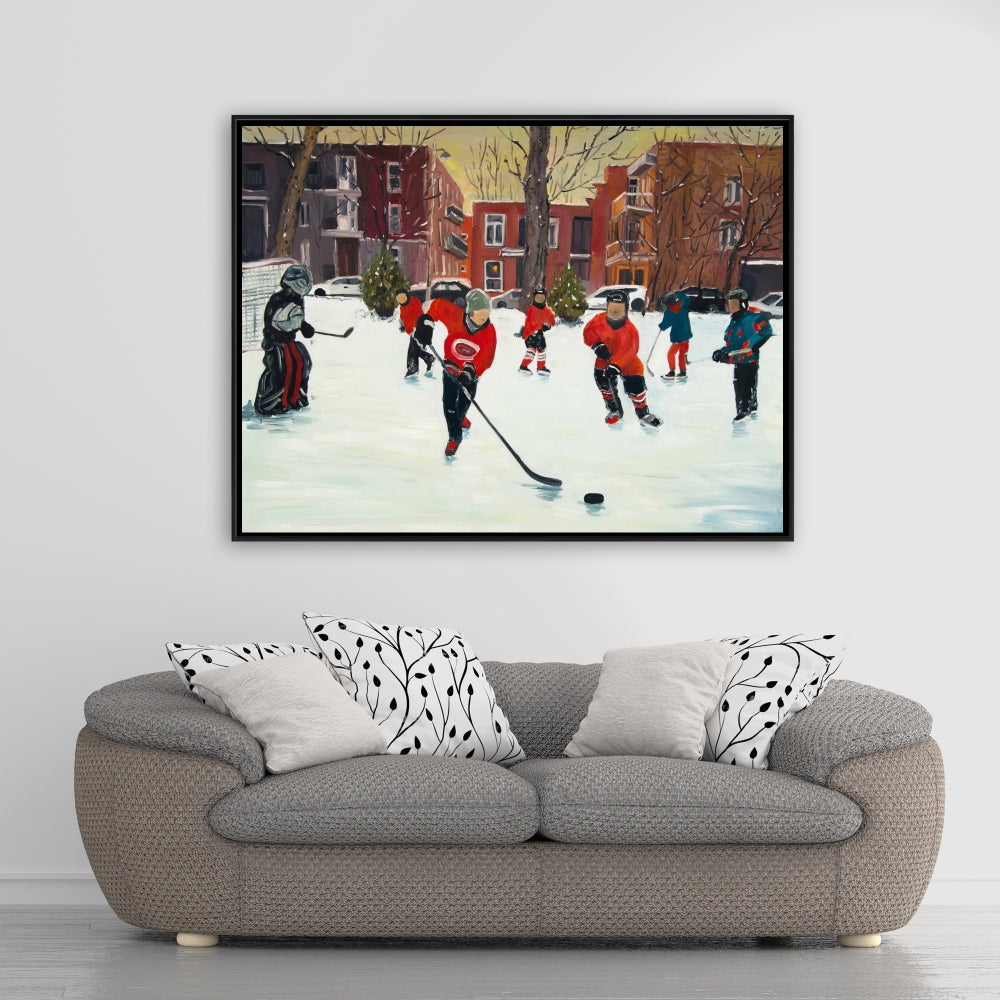 Toile encadrée marron représentant de jeunes joueurs de hockey