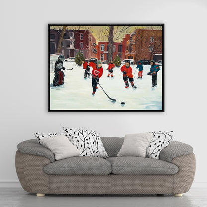 Toile encadrée marron représentant de jeunes joueurs de hockey
