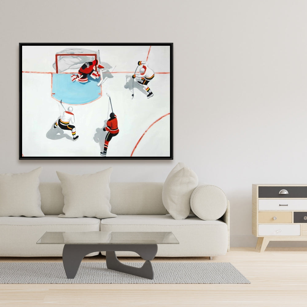 Toile « Match de hockey mouvementé » | Décoration pour homme | Cadre blanc