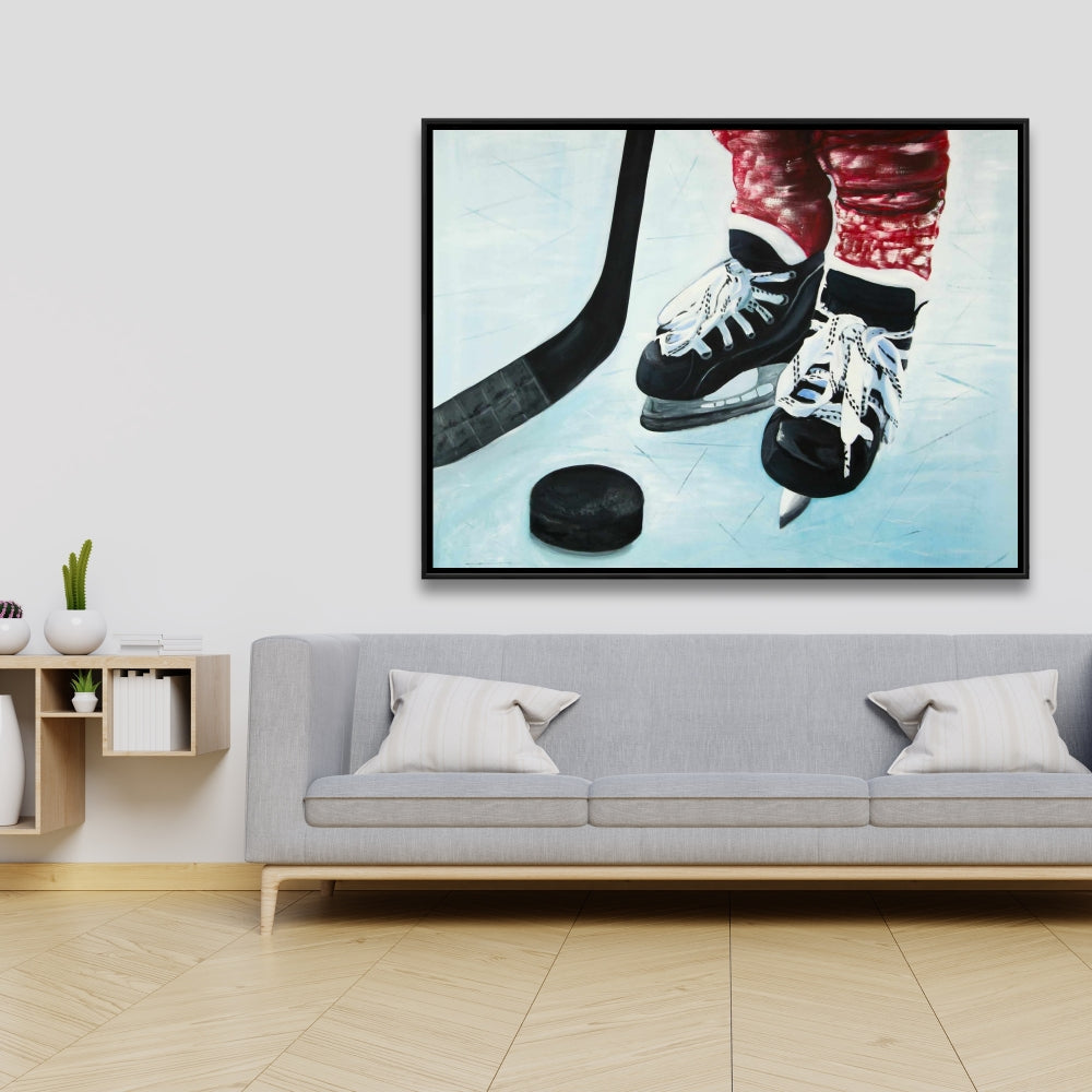Toile « Jeune joueur de hockey » | Décoration d'intérieur sportive bleue