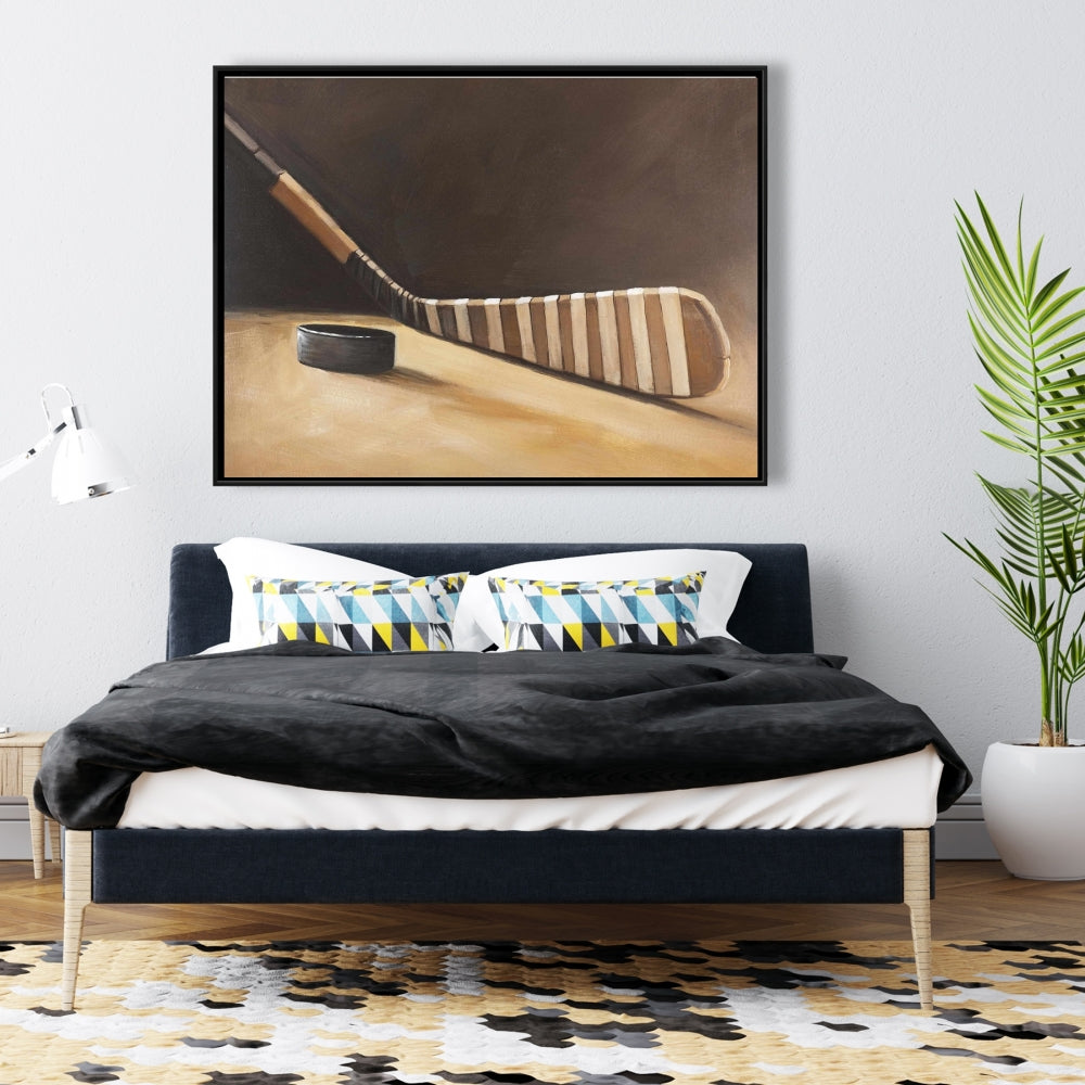 Toile encadrée représentant un bâton et une rondelle de hockey - Décoration d'intérieur sportive