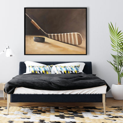 Toile encadrée représentant un bâton et une rondelle de hockey - Décoration d'intérieur sportive