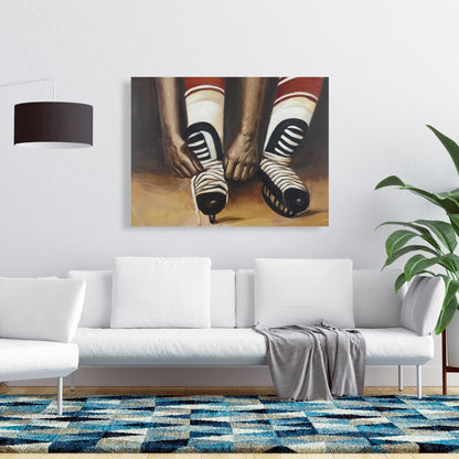 Brown Livingroom Canvas | Hockey Player Ties Skates Decor