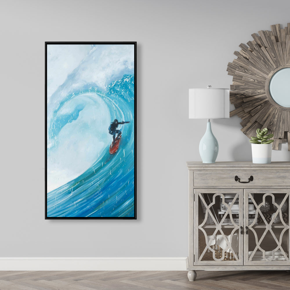 Surfer on a Big Wave Framed Canvas | Man Cave Home Decor