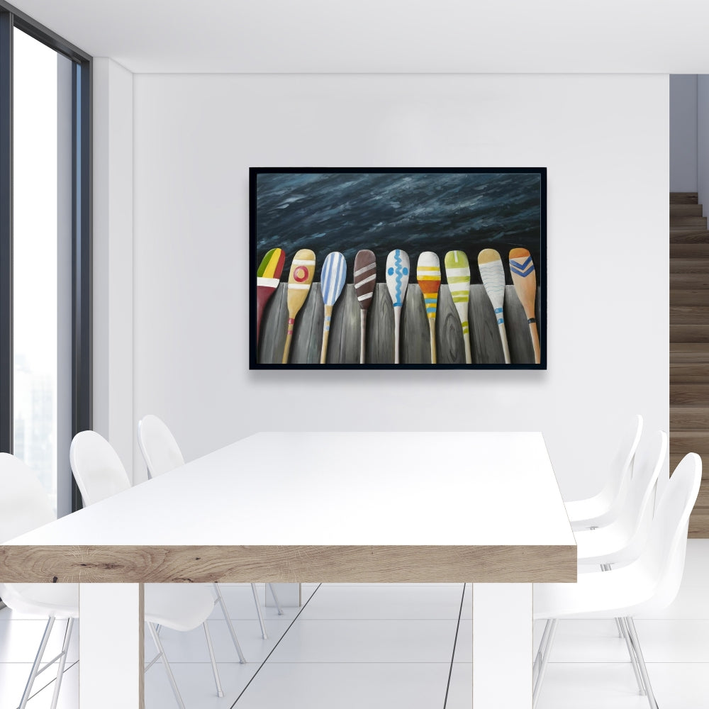 Pagaies colorées sur le quai - Toile de loisirs pour salle de bain bleue