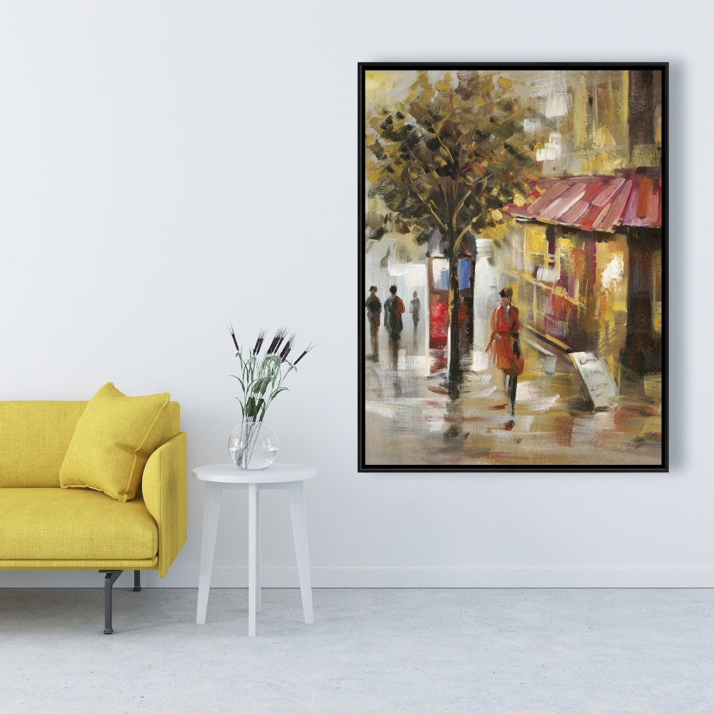 Rue abstraite avec passants – Toile encadrée jaune pour décoration intérieure