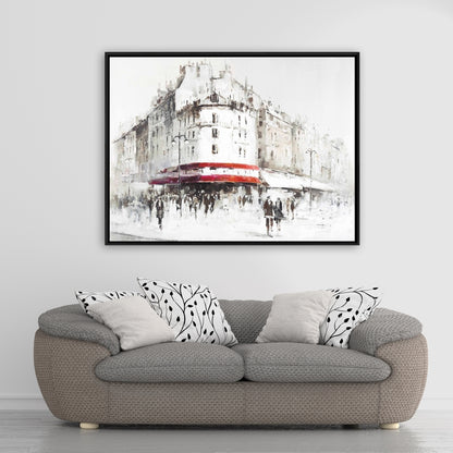 Modern White Street with Red Accents Framed Canvas Decor