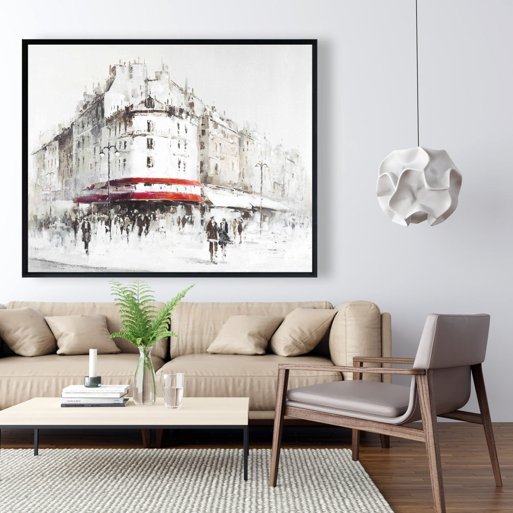 Modern White Street with Red Accents Framed Canvas Decor