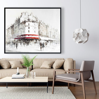 Modern White Street with Red Accents Framed Canvas Decor