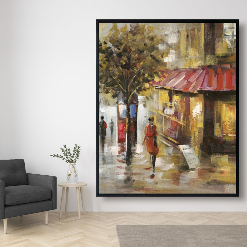 Rue abstraite avec passants – Toile encadrée jaune pour décoration intérieure
