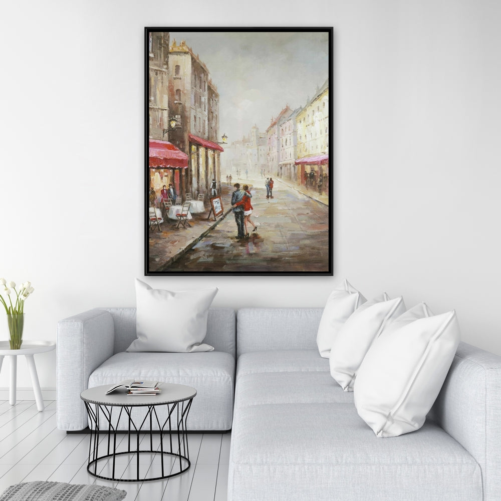 Toile « Couple marchant près d'une terrasse » | Décoration de chambre urbaine