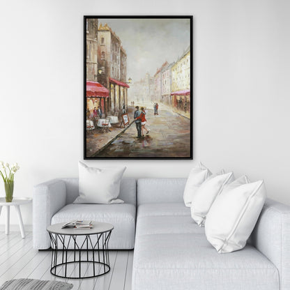 Toile « Couple marchant près d'une terrasse » | Décoration de chambre urbaine