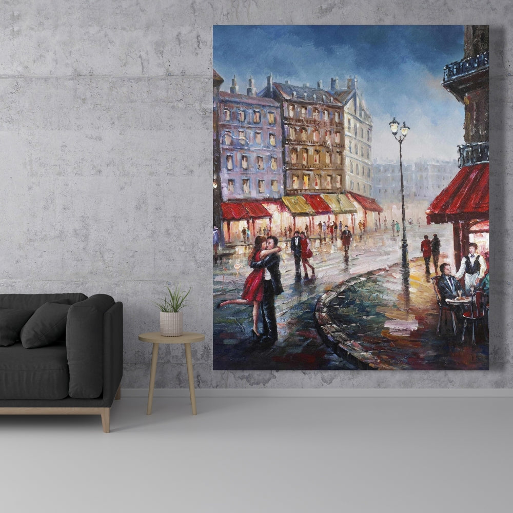 Couple Kissing in the Street Blue Canvas | Romantic Home Decor