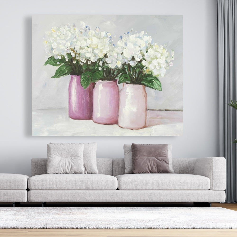 Hydrangea Flowers in Pink Vases Canvas - Floral Home Decor