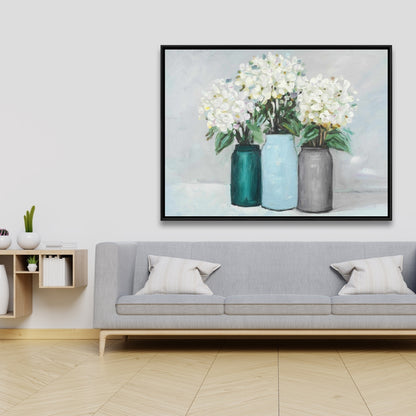 Bedroom Botanical Canvas | Hydrangea Flowers in Blue Vases